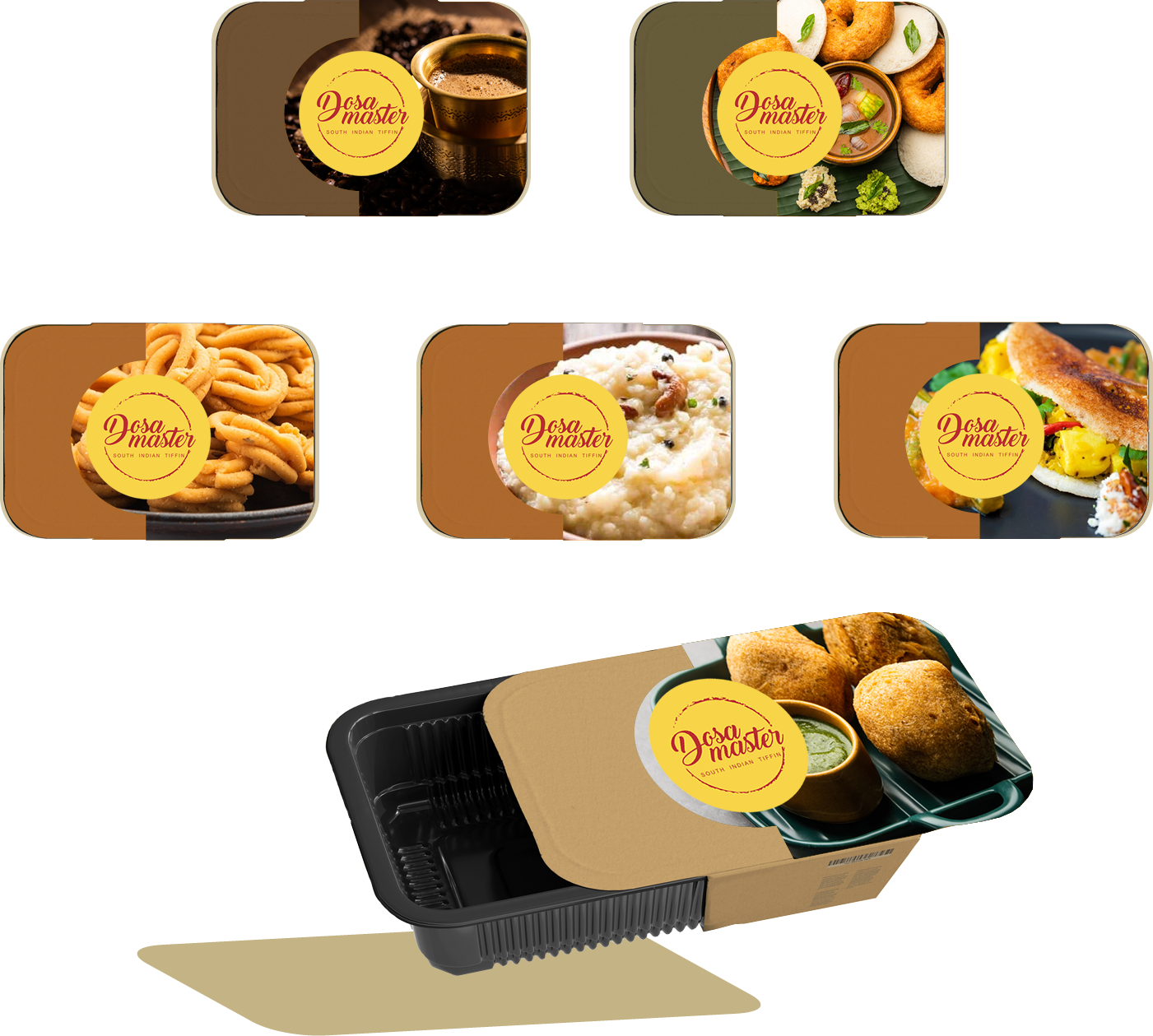 Branding mugs, take-aways boxes and on mobile app of Dosa master